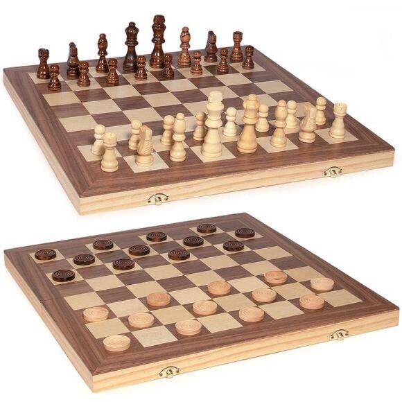 Wooden Chess & Checkers Set, Board Games -2 Extra Queens -24 Cherkers Pieces - Picture 11 of 16